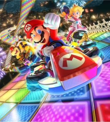Screenshot from Mario Kart 8 game showing Mario character on a vehicle with a colorful background